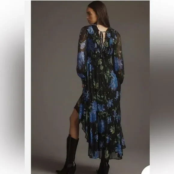 By Anthropologie size M The Odetta Ruffled V-Neck Midi Dress - Picture 3 of 6